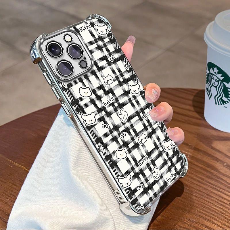 Black and white grid cat is suitable for airbag electroplating shell Apple 17promax retro wind mobile phone case iphone15 anti-drop.