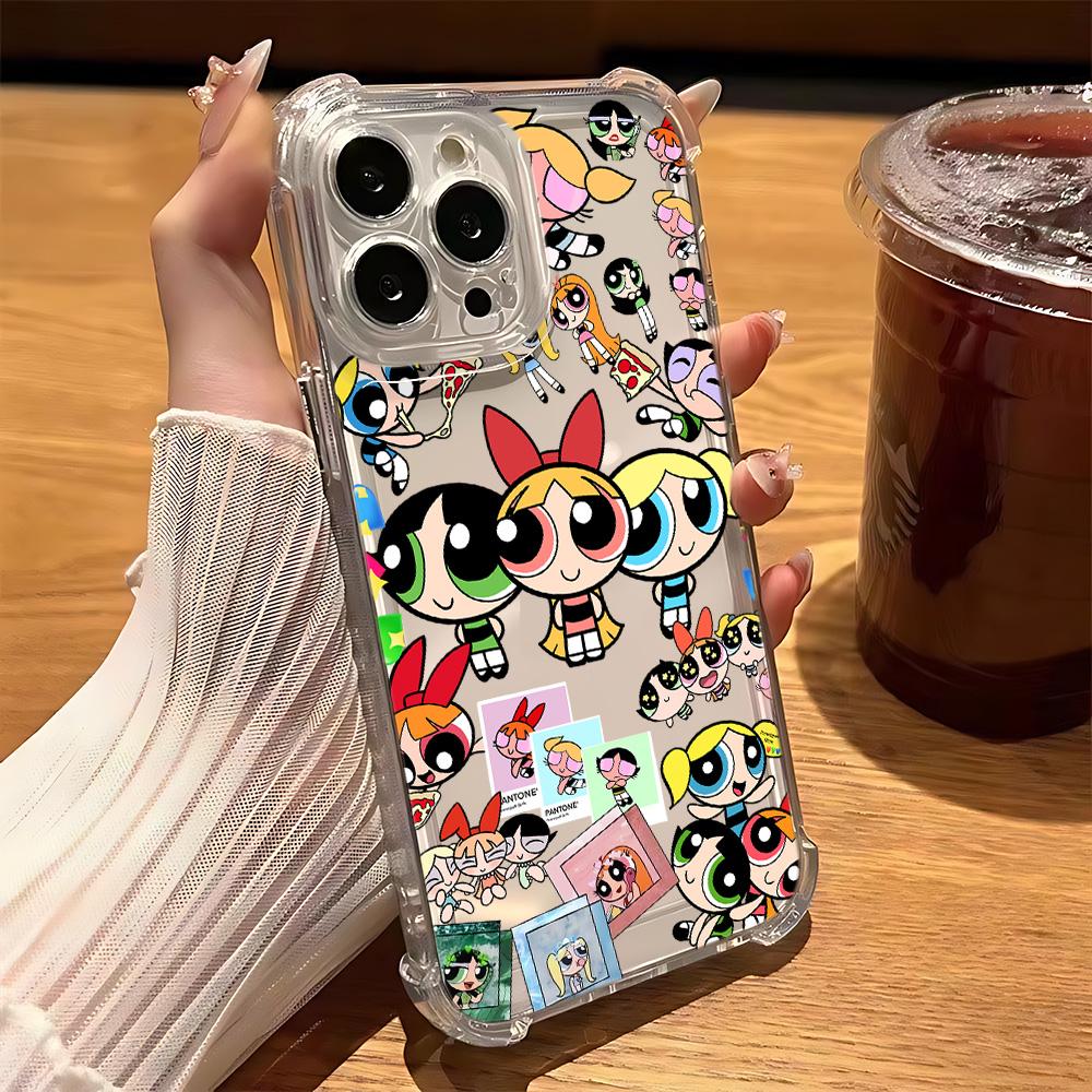 Cute P-Powerpuffs Girls Phone Case for IPhone 16 15 14 13 12 11 Mini Pro Max X XR XSMax 7 8 Plus Shockproof Transparent Cover