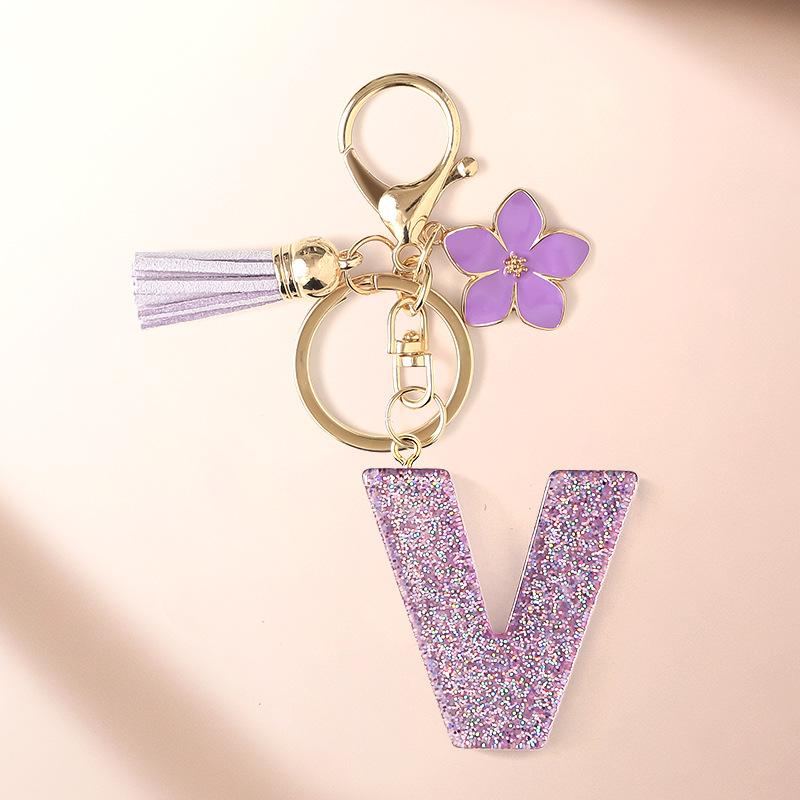 Flash Powder 26 English letters, diy, Resin keychain, purple flower, pendant, bag pendant, keychain, Christmas gift, Stocking stuffers