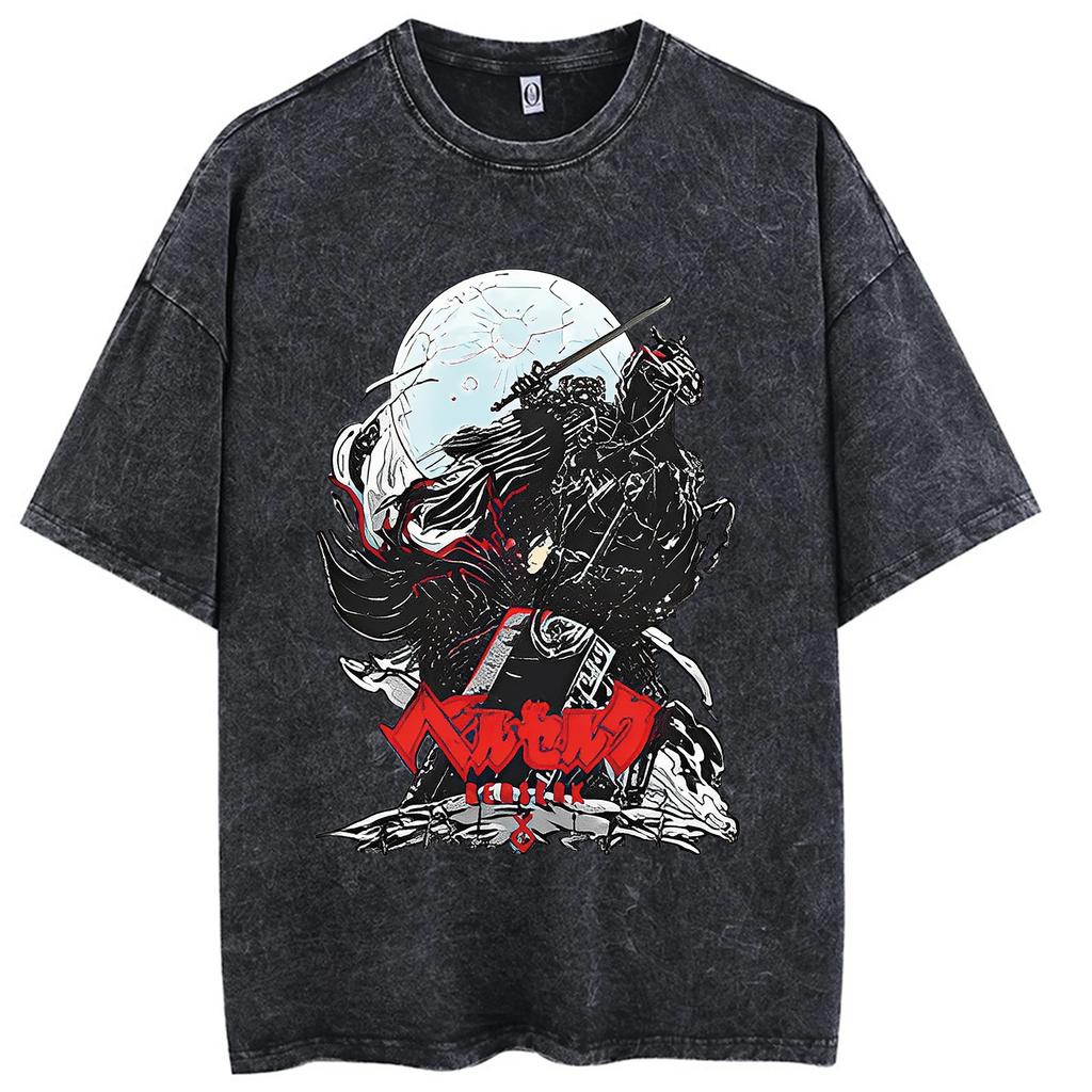 Camiseta Lavada Estampada de Anime Berserk Guts para Hombre Algodón de Alta Calidad Camisetas Vintage Oversize Street Tee Harajuku Camiseta Masculina