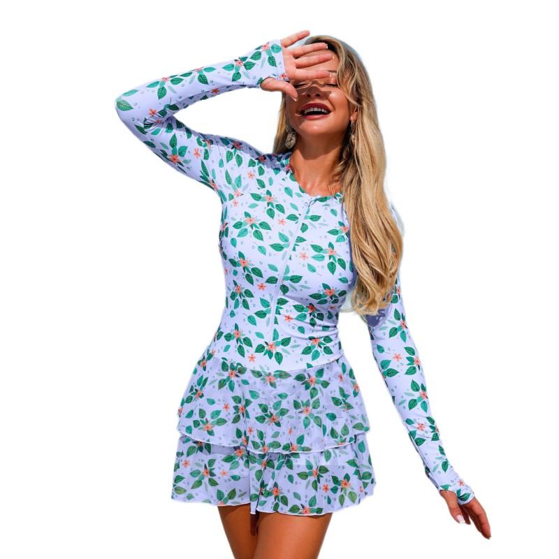 Womens Long Sleeve Modest Swim Dress With Floral Print UV Protection Swimsuit