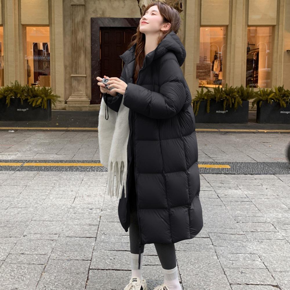 2025 winter Korean version of European and American style loose hooded long knee cotton clothes women's thickened bread clothes simple long coat