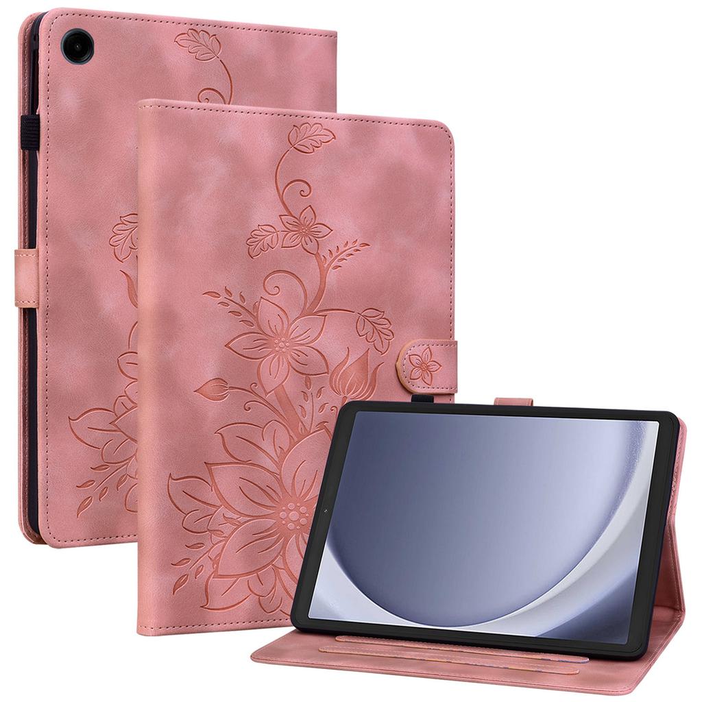 For Samsung Galaxy Tab A9 Protective Case Lily Flower Imprint PU Leather Tablet Case with Card Slots