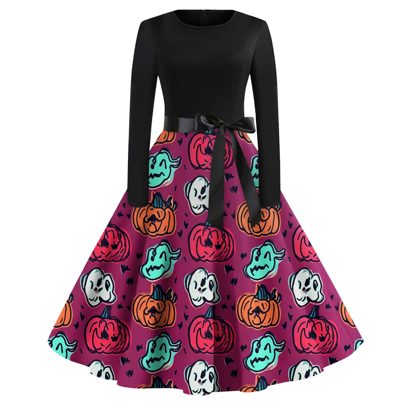 

Женские модные платья с круглым вырезом, повседневные, приталенные, с принтом на Хэллоуин, с длинным рукавом M