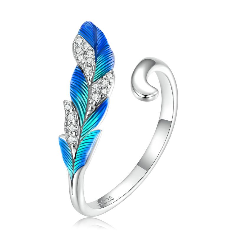 

WOSTU 925 Silver Enamel Blue Feather Open Ring For Women Shiny Cz Adjustable Statement Rings Wedding Party Jewelry Gift
