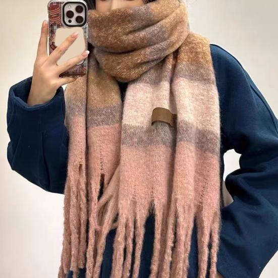 Women's Mohair Winter Scarf Cashmere Feel Tassel Scarf Colorful Striped Long Scarf Winter Shawls Wraps for Cold Weather
