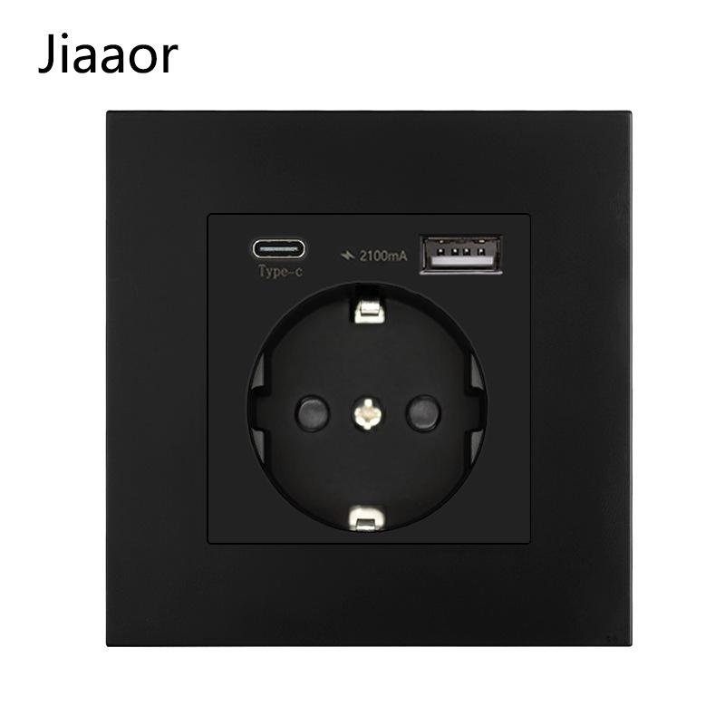 16A Black European Double Gang German-Style Switch & USB/Type-C Socket for Concealed Installation