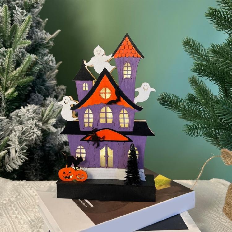 Halloween Party Wood Sign LED Lighted Ghostly Haunted Houses Decors Pumpkin Ornament with Realistic Detail Table Decors