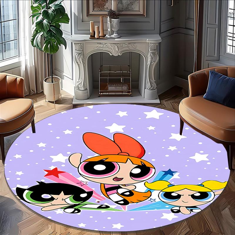 1pc Powerpuff6 Carpet, Round Rug, Comfortable, Suitable for Entryways, Living Rooms, Office, And Bedrooms, Christmas Decoration
