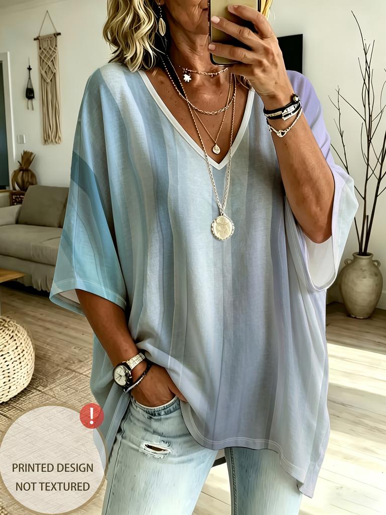 Plus Size Women's Casual V-neck Three-quarter Sleeves, Colorful Retro Rainbow Gradient Stripes, Bright and Eye-catching Holiday Style Tops