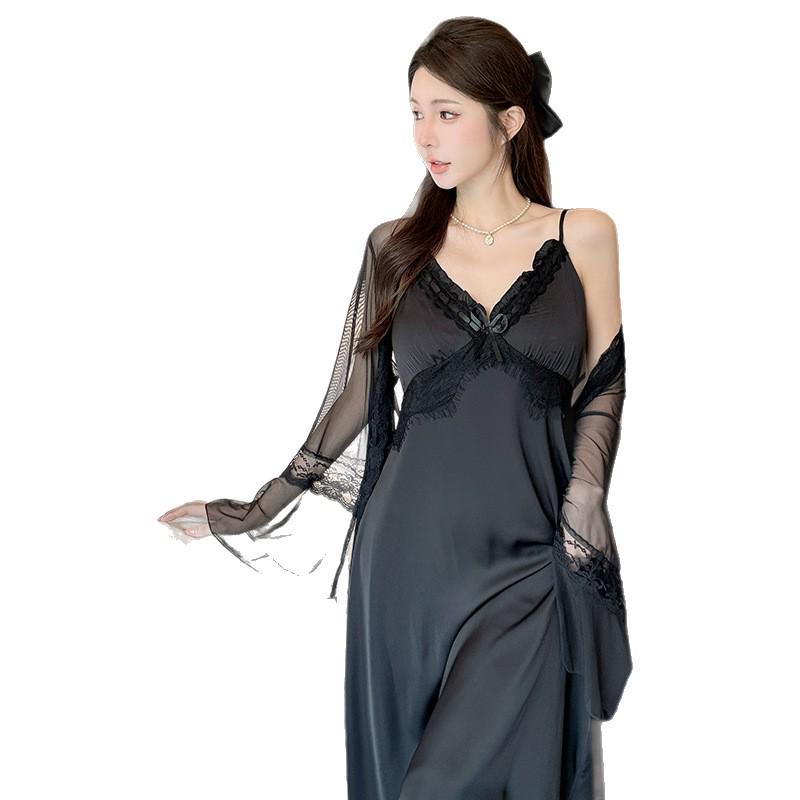 Spring & Autumn Women's Ice Silk Mesh Two-Piece Pajama Set - French-Style Sexy Nightdress