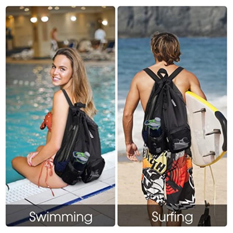 Swim Bag Mesh Drawstring Backpack with Wet Bag Beach Backpack, Gym and Exercise Gear Bag