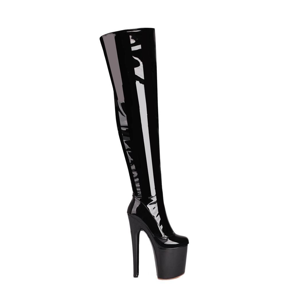 Sexy Overknee-Stiefel für Damen, 20 cm, High Heels, Pole Dance-Schuhe, dreifach plissiert, Lackleder, Motorradschuhe mit runder Spitze und Reißverschluss, Übergröße