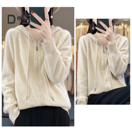 Women Sweater Coat Hooded Drawstring Long Sleeve Double Zippers Knitting Coat Solid Color Loose Fit Jacquard Outwear