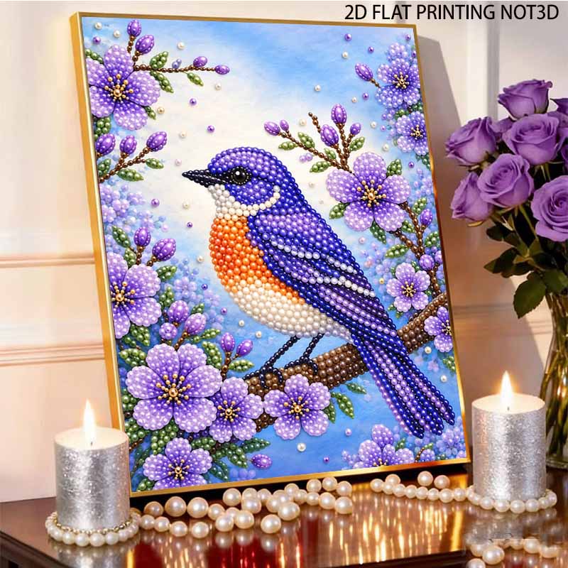 Sparkling Pearl Painting Kit with Frame Blue Bird and Purple Flowers Bead Art Canvas Relaxing Craft Home Wall Decor Gift Idea for Adults