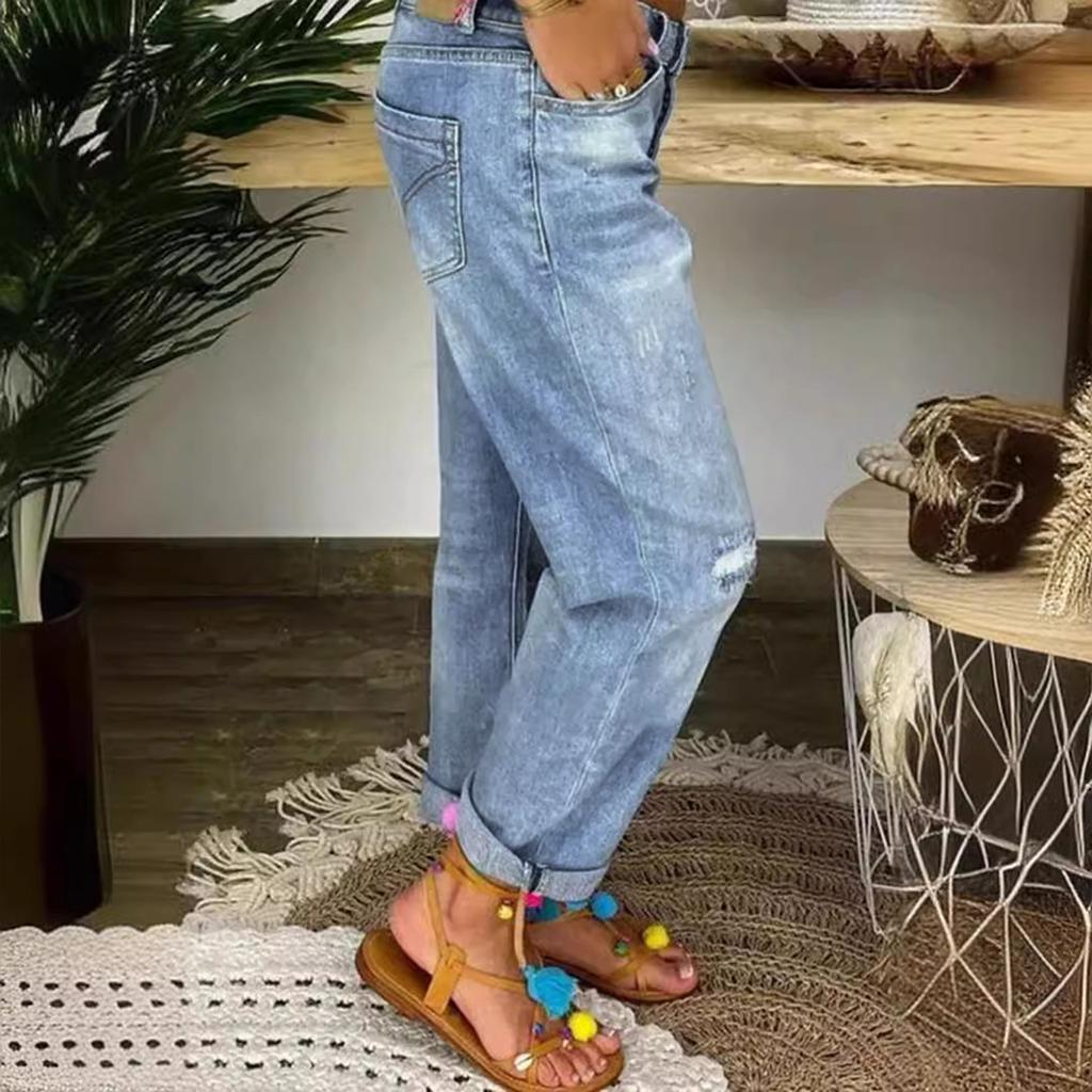 Women's Blue Ripped Jeans Women's Loose Straight Casual Pants