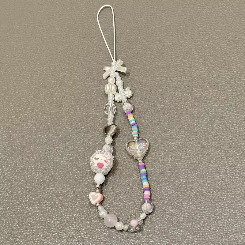 Stylish Cat Beaded Phone Lanyard for Women - Heart & Bow Design, Anti-Loss Strap, Cute Girlish Charm