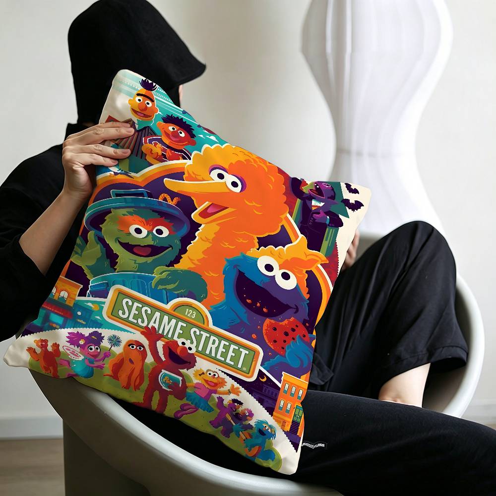 S-Sesame Street TV Cute Cartoon Pillow Covers Cartoon Sofa Decorative Home Double-sided Printing Short Plush Cute Cushion Cover