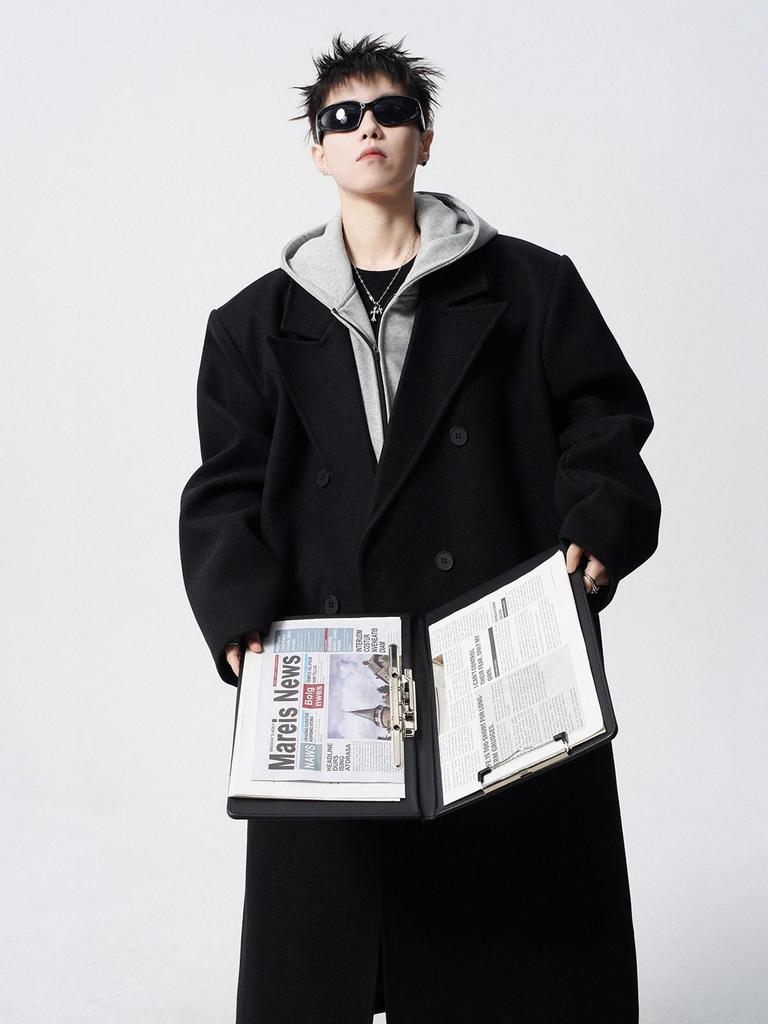 Men's Black Wool Trench Coat - Korean Style, Mid-Length, Over-the-Knee for 2025 Spring/Autumn
