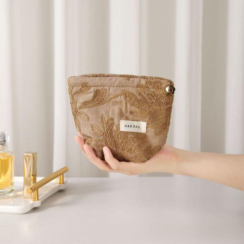 French Style Embossing Cosmetic Pouch Pillow Shape Charming Canvas Makeup Bag Portable Elegant Skincare Zipper Bag Travel