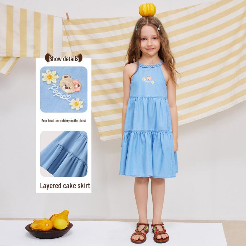 PawinPaw Girls' Cartoon Bear A-Line Denim Dress