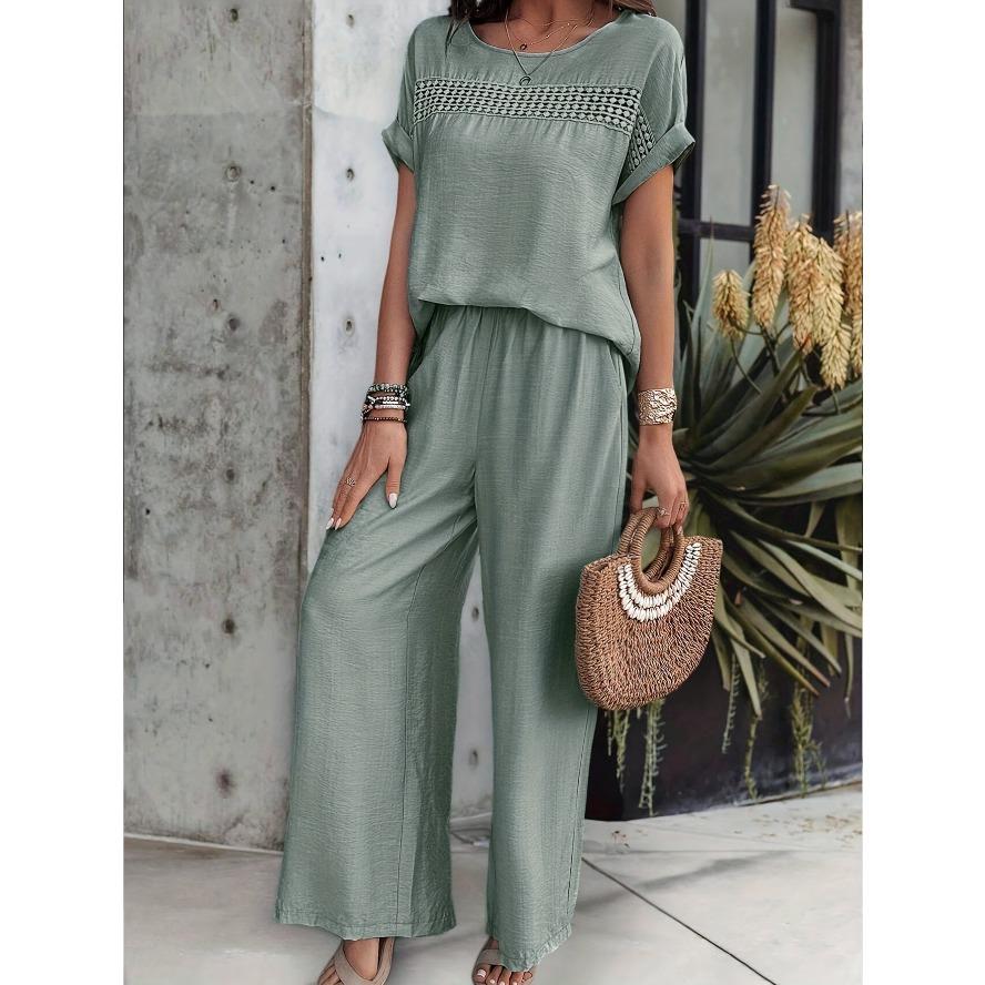 YYFS Women's Fashion Casual Summer Spring Solid Color Print Short Sleeve O-Neck Trousers Pants Suits