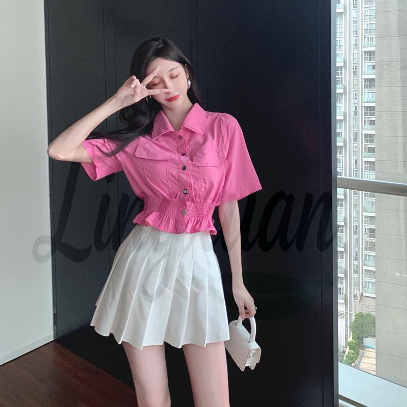 

Women s Summer Short-Sleeve Denim Shirt - Casual Korean Style One Size рожевий