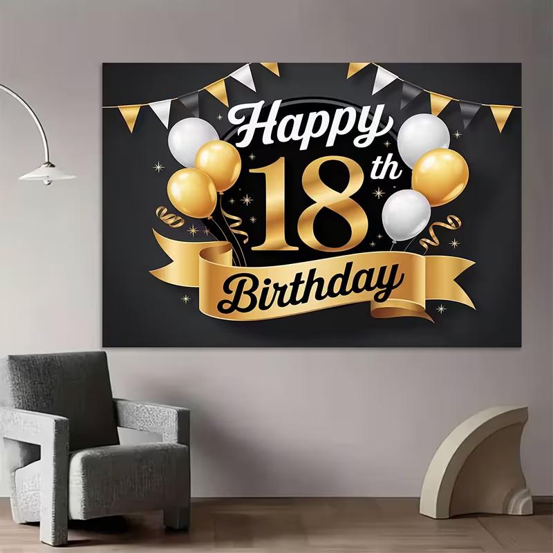2D Elegant Black Gold 18th Happy Birthday Background Cloth with Ribbon Banner