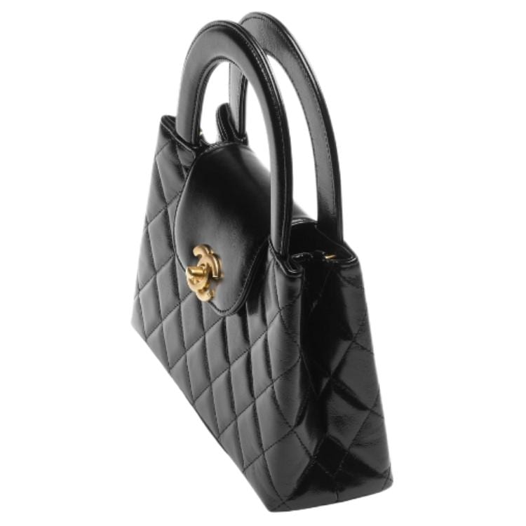 Chanel Borsa a mano mini Kelly 23K Pelle di vitello lucida invecchiata Metallo color oro Nero AS4416-B14296-94305
