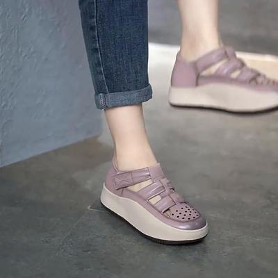 Retro Genuine Leather Thick Sole Women Sandals Comfort Round Toe Handmade Breathable Flats Shoes