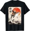 Shark-Riding Samurai Cat Ukiyo-e Inspired Graphic Tee