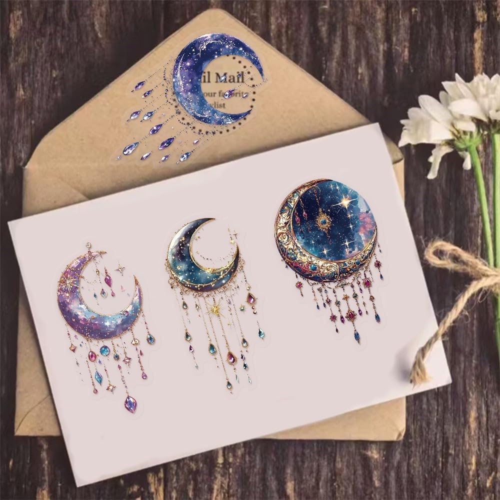 Dreamy Moon Crystal Gem Scrapbook Stickers 50 Clear Vinyl Decals Featuring and Beautiful Moon Phase Stickers Perfect for and - Pieces, Stars,