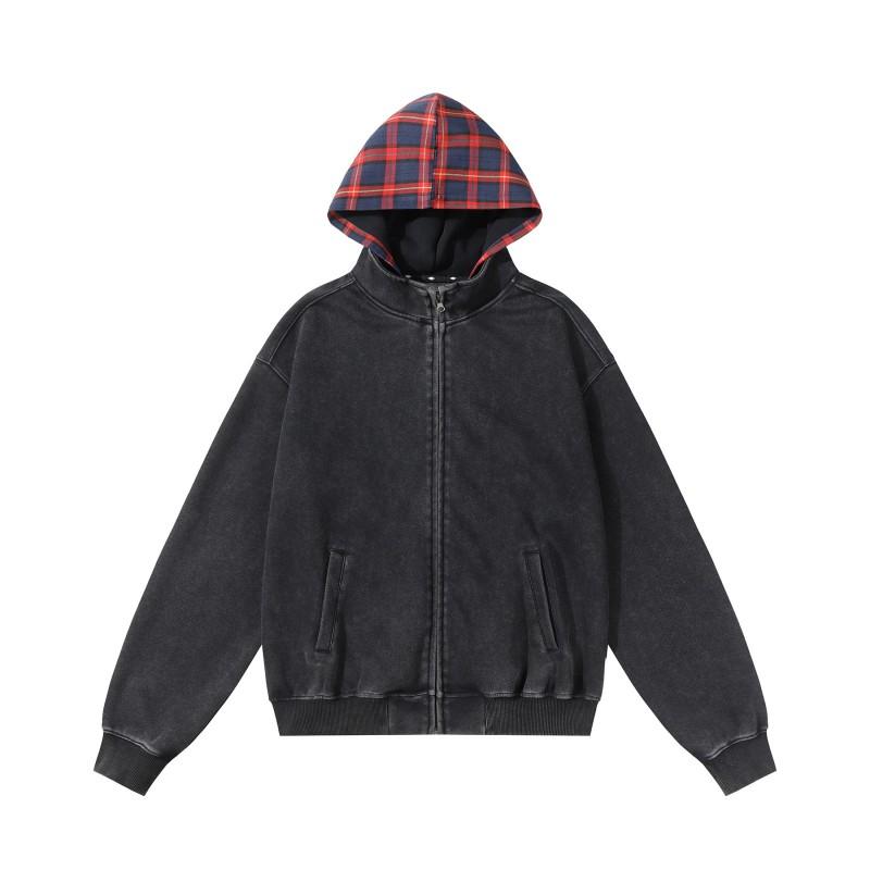Mens Winter Oversized Hooded Sweatshirt With Washed Plaid Print Loose Fit Streetwear