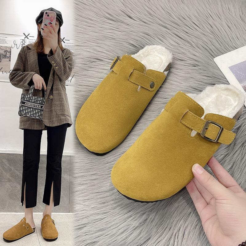 New Bag Head Velvet Platform Slippers Female Couple Cork Mop Large Size Half Mop Lazy Cotton Mop