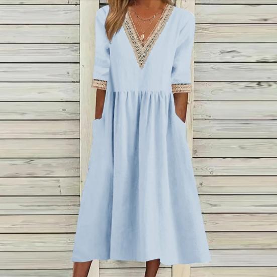 Women Midi Dress Half Sleeves V Neck Cutout Patchwork Pleated Daily Wear A-line
