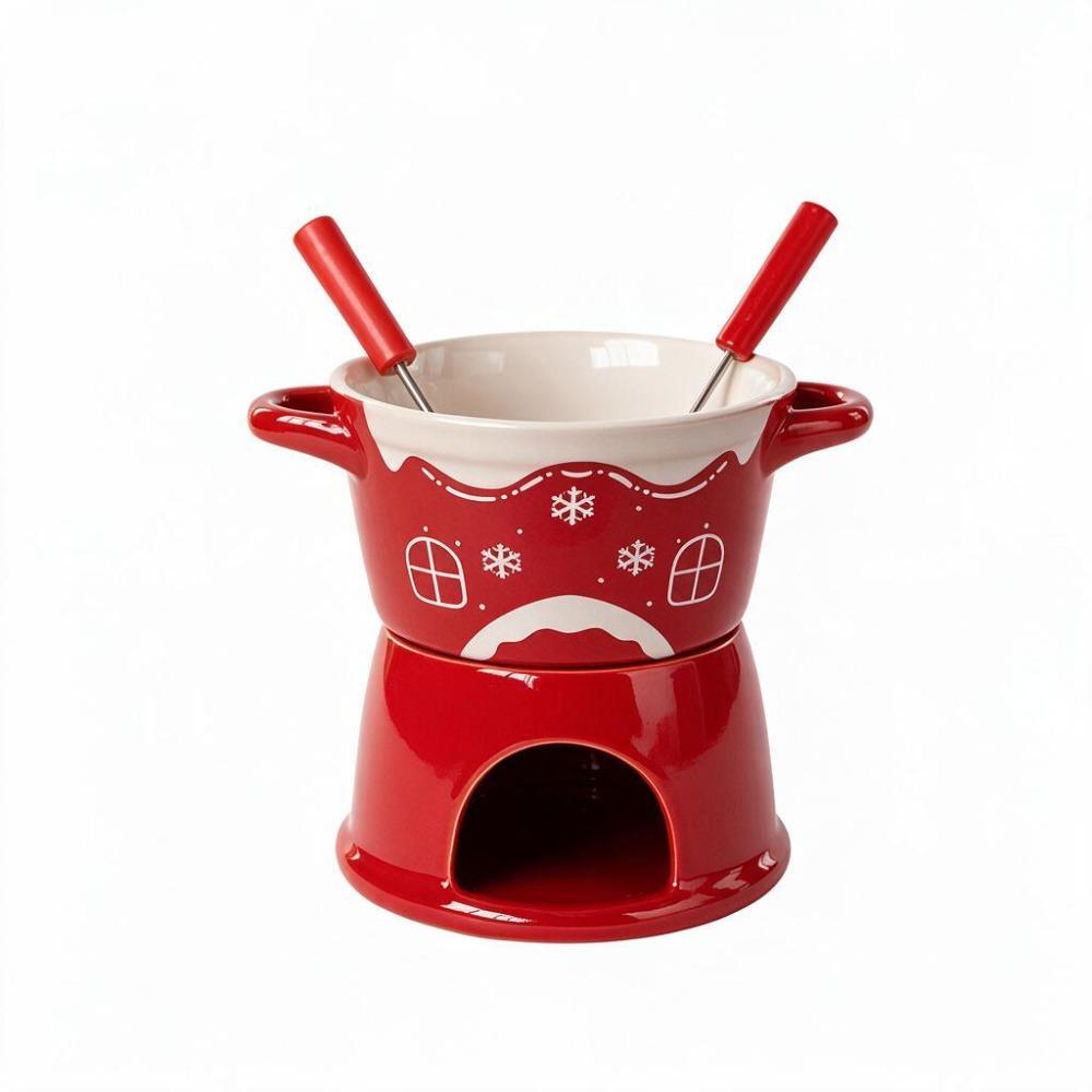 Ceramic Christmas Chocolate Fondue Cup Double Handle Butter Warmer Pot Dinning Table
