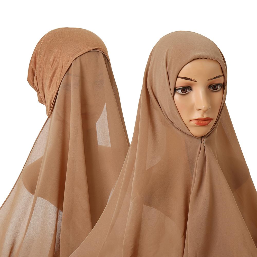 Bubblig Tung Chiffong Hijab Med Hätta Elastisk Snöre Fri Användning Stil Hijabs Enfärgad Sjal För Muslimer Håltagningfri Turban