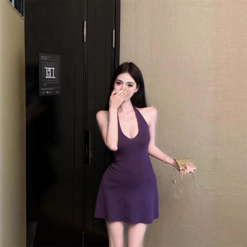 Pure desire sexy neck sling dress female slim fit purple knitted short skirt backless waist a word skirt