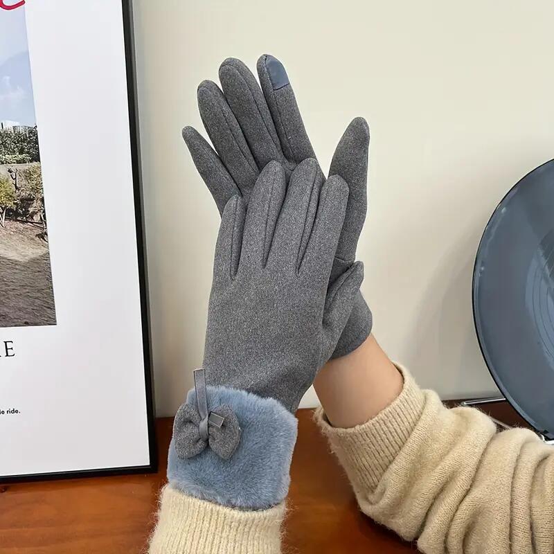 Women's Velvet Outdoor Cycling Bow Warm Gloves Windproof and Cold-proof Touch Screen Gloves