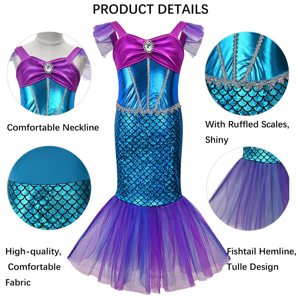Mermaid Dress, Kids' Princess Dress, Deluxe Princess Dress 8-Piece Set (Necklace, Bracelet, Earrings, Magic Wand, Ring, Hairband, and Skirt)