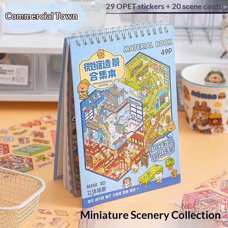 3D Miniature Scene PET Sticker Book 20 Cute Cartoon Patterns Reusable PET for Holiday Card Invitation Envelope Decor