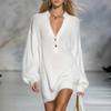 Women's V-Neck Color Knit Sweater Dress Long Sleeve for Casual Wear