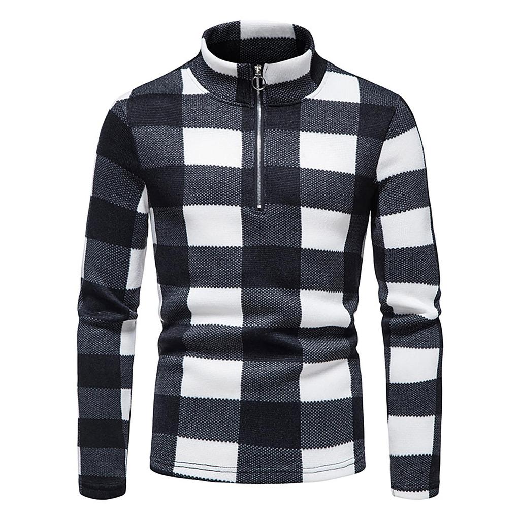 Men's  And Winter Stand Collar Plaid Sweater Zipper Bottomed Shirt Knitted Pullovers