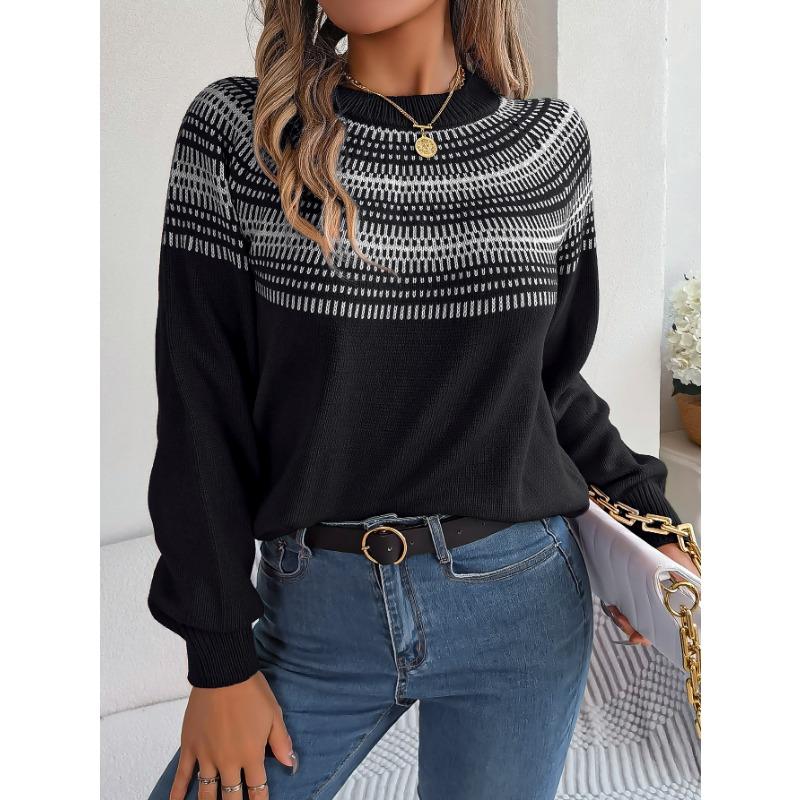 Women's Autumn-winter Vintage Color Contrast Striped Long-sleeved Pullover Sweater