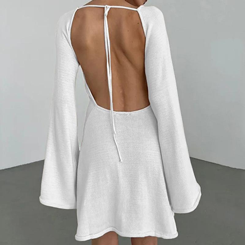 Neckholder Rundhalsbluse Einfarbig Gestrickt Ausgestellter Ärmel Strandkleid