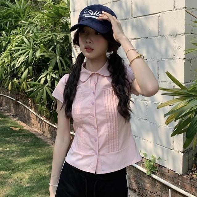 Korean style spicy girl pink pleated loose slimming lapelle shirt, lazy style simple versatile shirt for women, summer top