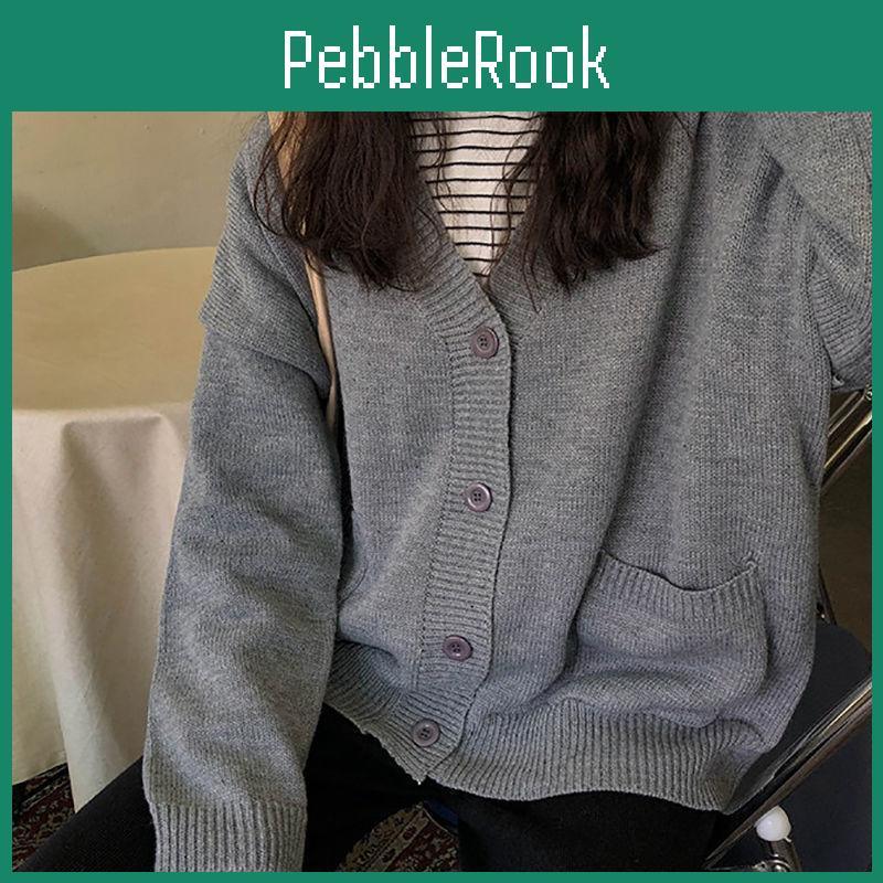 Women Casual Retro Sweater Cardigan Grey Solid Loose Pockets Single Breasted Vneck Trendy Allmatch Jumper Female Tops Outwear