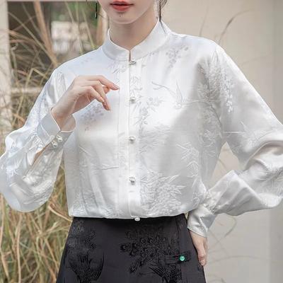 Dames Herfst Wit Jacquard Satijnen Blouse Mandarijnkraag Lange Mouw Nieuw Chinees