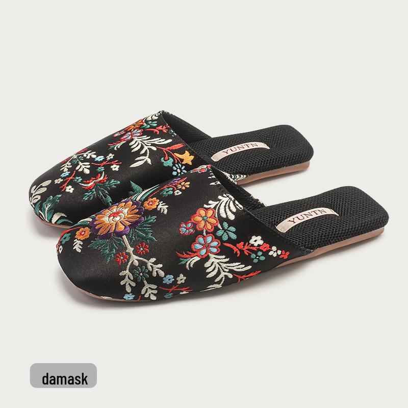 Elegante Set Sciarpa da Testa Ricamata in Raso per Tutte le Stagioni e Pantofole Antiscivolo da Casa per Donna