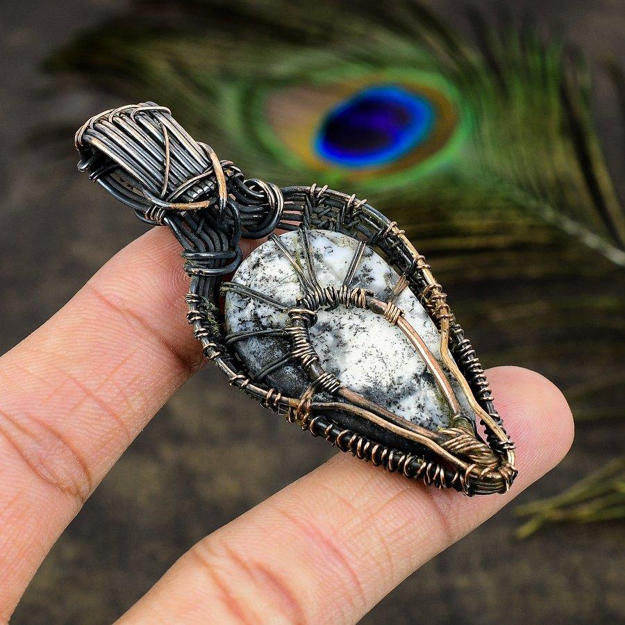 Dendrite Opal, Moonstone Gemstone Copper Wire Wrap Jewelry Pendant 2.80"